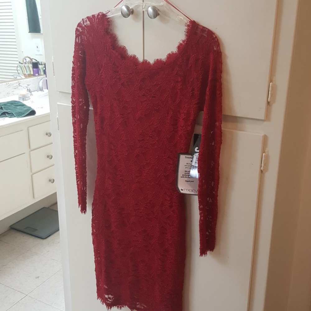 Red fitted dress.